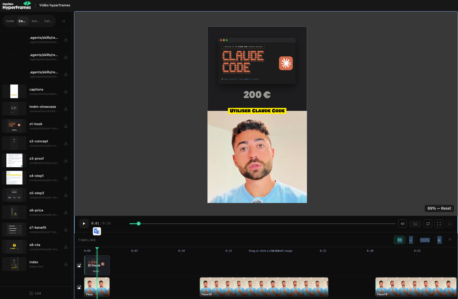 L'interface HyperFrames : les 8 sections du Reel dans la barre de gauche, l'aperçu en écran scindé au centre, la timeline en bas